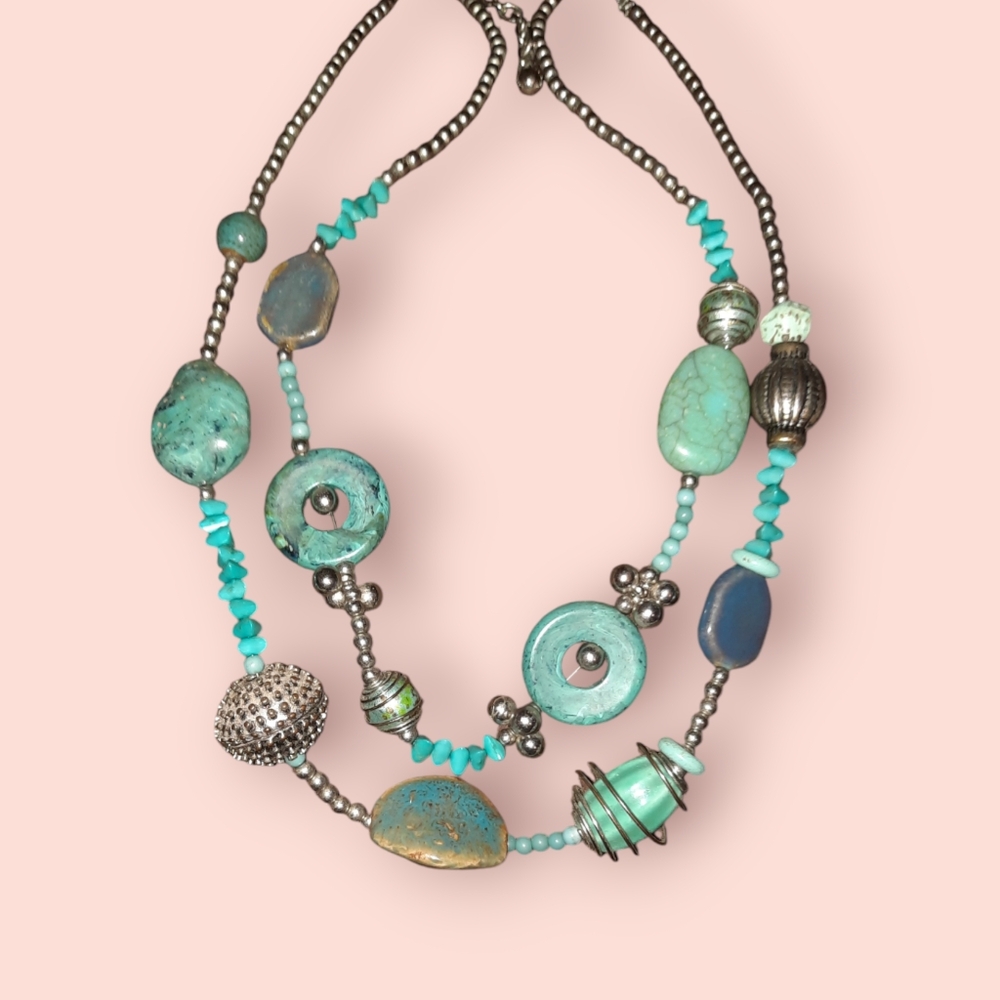 Vintage Ceramic and faux turquoise beaded double strand statement artsy necklace